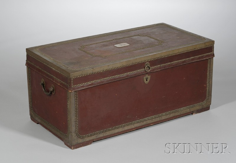 Appraisal: Chinese Export Brass-mounted Red Leather-clad Camphorwood Trunk the lid with