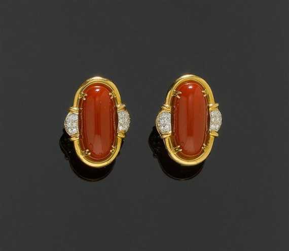 Appraisal: CORAL AND BRILLIANT-CUT DIAMOND CLIP EARRINGS Yellow gold Casual-elegant clip