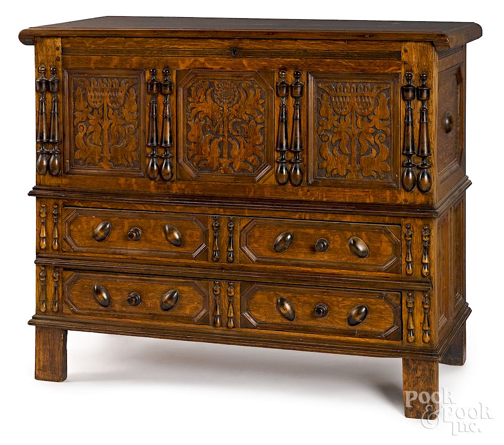 Appraisal: Connecticut Pilgrim Century oak sunflower chest Exclusive on Bidsquare Connecticut