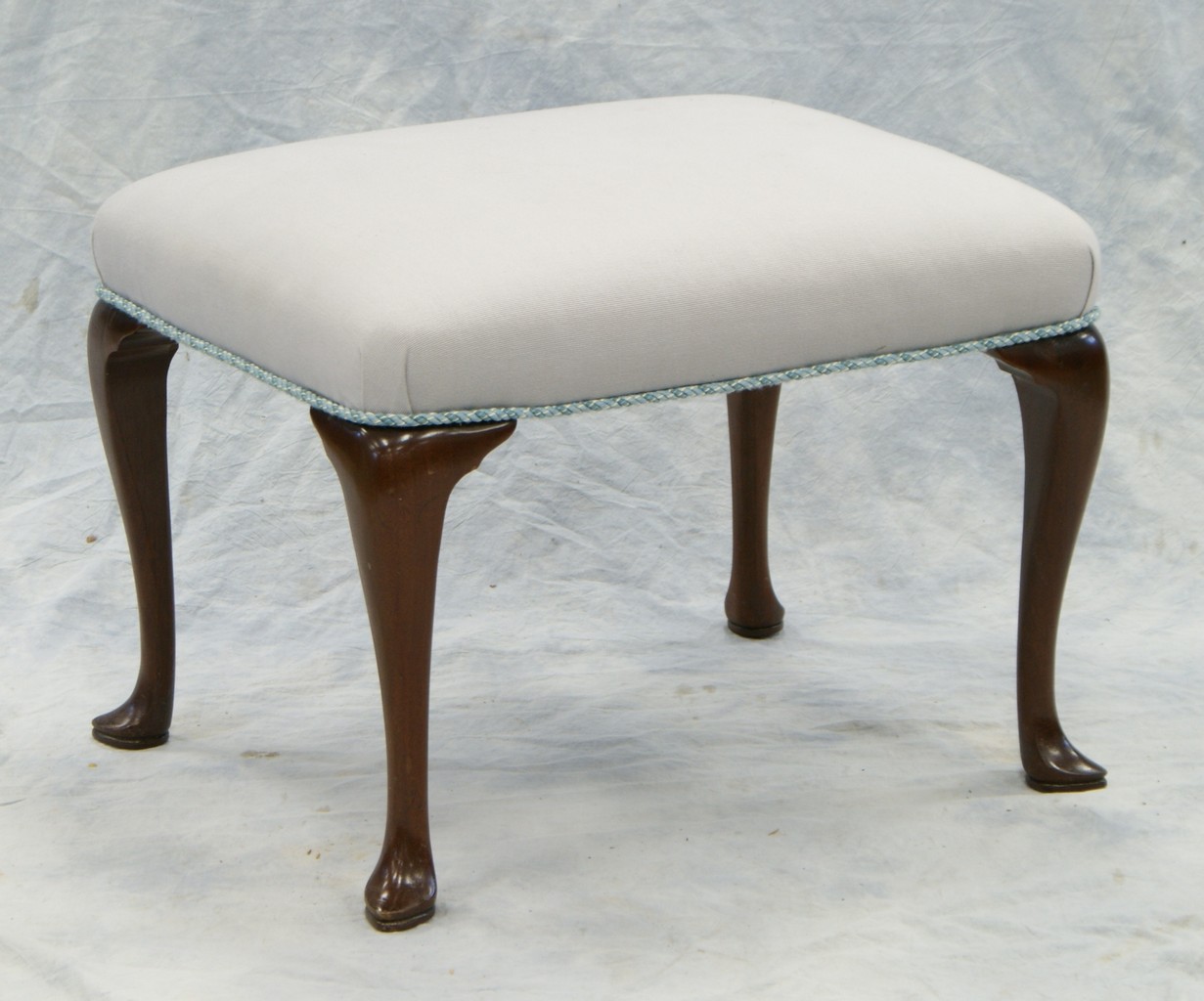 Appraisal: Queen Anne style footstool with cabriole legs blue upholstery slipper