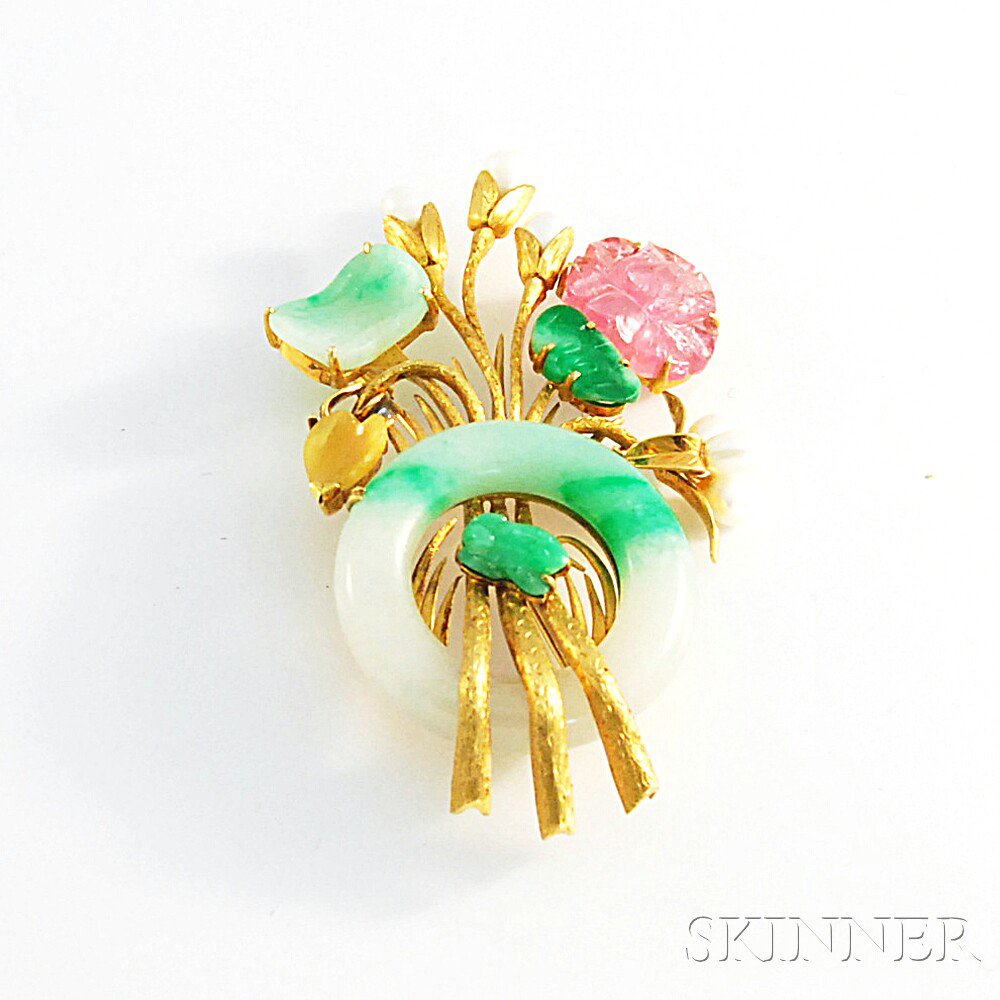 Appraisal: kt Gold Gem-set Brooch with jade pink tourmaline and pearls