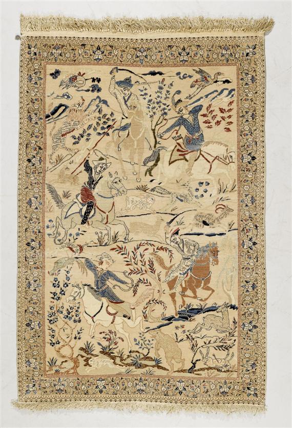 Appraisal: NAIN old Beige central field depicting a hunting scene Beige