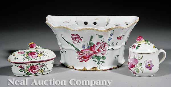 Appraisal: A Group of Three French Fa ence Floral-Decorated Items late