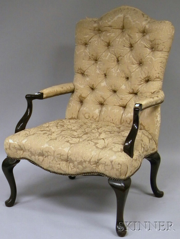 Appraisal: Queen Anne Style Upholstered Mahogany Library Armchair