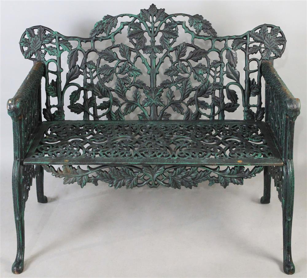 Appraisal: WROUGHT IRON GREEN PAINTED GARDEN BENCH having a shaped pierced