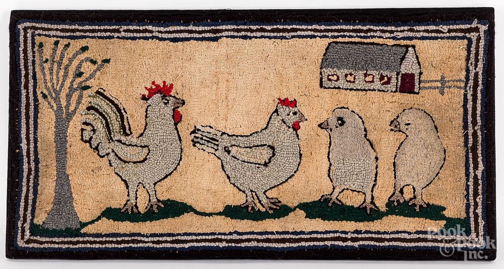 Appraisal: American hooked rug early th c with chickens American hooked