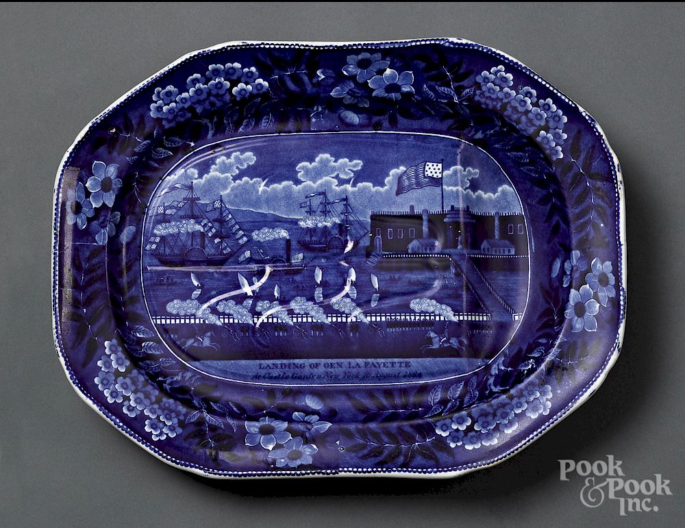 Appraisal: Historical Blue Staffordshire platter Historical Blue Staffordshire Landing of Lafayette