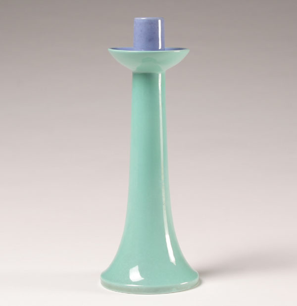 Appraisal: Overbeck art pottery candlestick in sea green and blue glazes