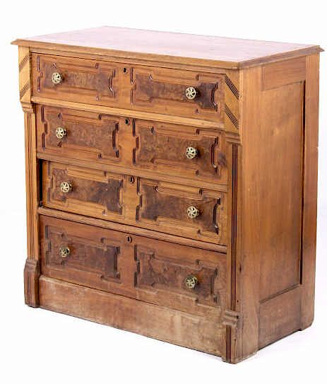 Appraisal: Antique Eastlake Burled Four Drawer Walnut Dresser Featured in this