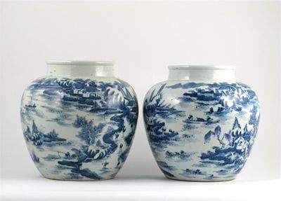 Appraisal: A large pair of blue and white ovoid vases decorated