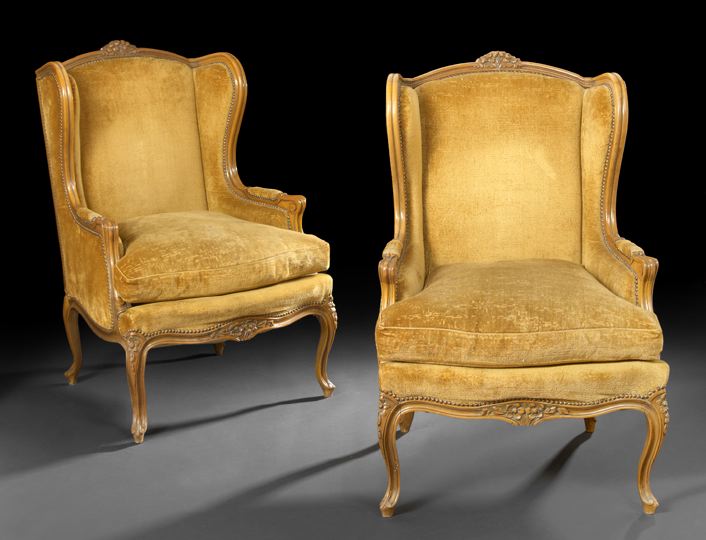 Appraisal: Pair of Louis XV-Style Fruitwood Bergere avec Orielles early th