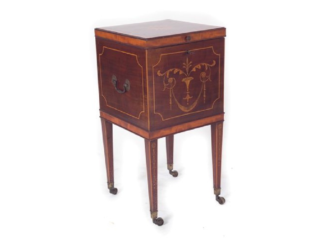 Appraisal: EDWARDIAN SHERATON REVIVAL INLAID MAHOGANY WORK TABLE the square satinwood