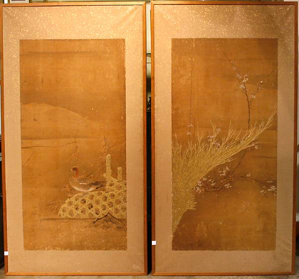 Appraisal: Two mounted paper panels from a screen Each painted in