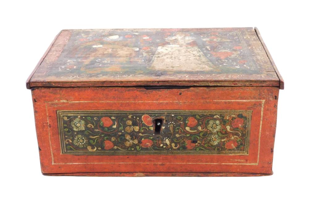 Appraisal: Continental box with hand-painted decoration th C or earlier figural