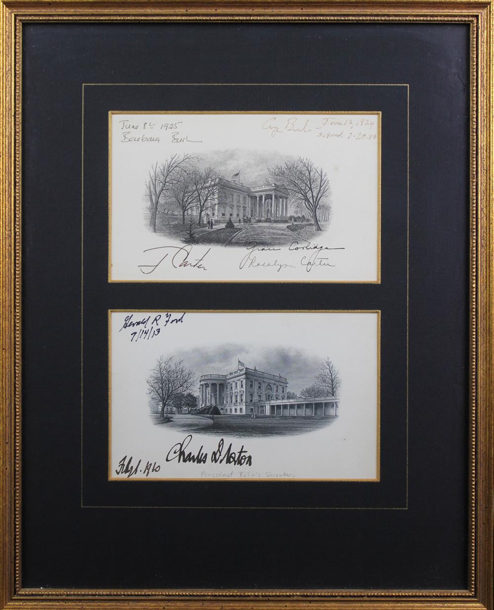 Appraisal: PRESIDENTS two black and white etched cards depicting the White