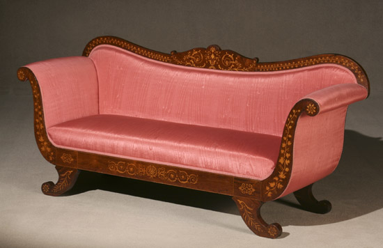 Appraisal: Biedermeier Inlaid Rosewood Veneer Sofa Circa With rose moir silk