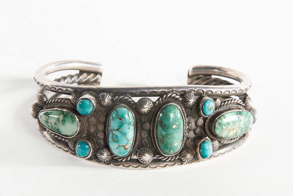 Appraisal: A Navajo Eight Stone Turquoise and Silver Cuff Bracelet ca