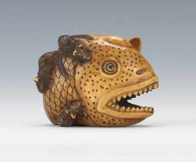 Appraisal: A Carved Ivory Fish and Rat Netsuke Carved with attention