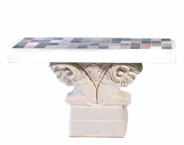 Appraisal: A cast stone console table with marble veneered top and