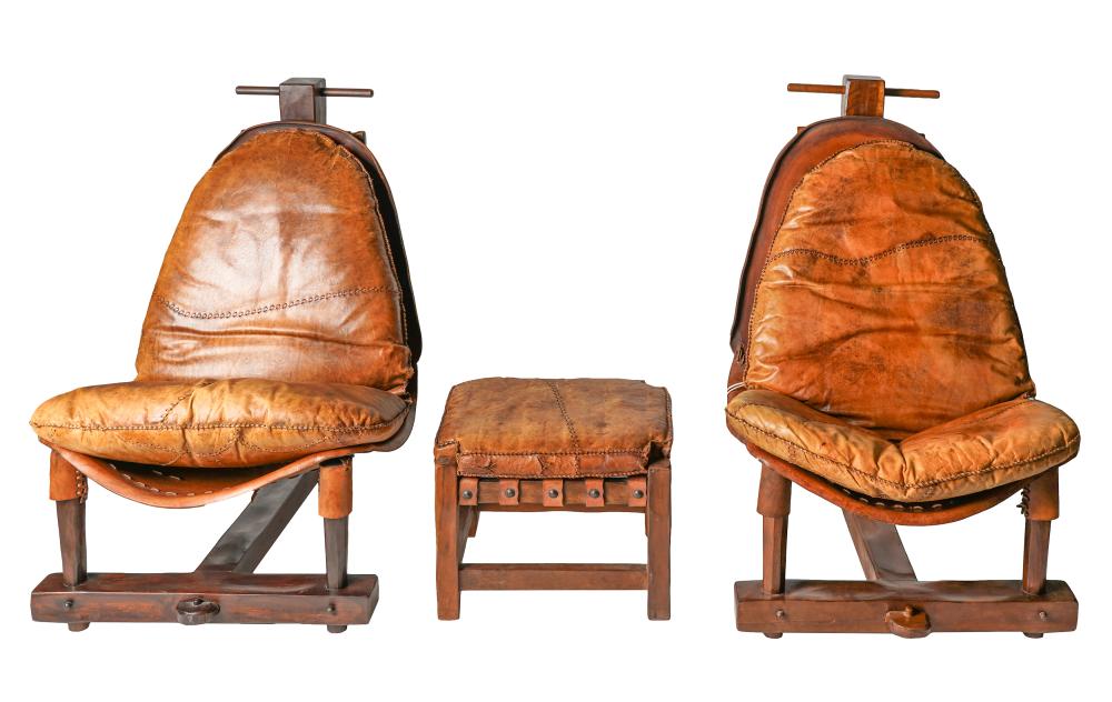 Appraisal: PAIR OF BRAZILIAN BRUTALIST-STYLE CHAIRSleather and stained wood unsigned the