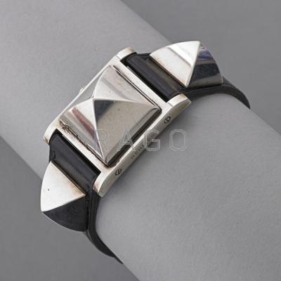 Appraisal: HERMES MEDOR DISCREET WRISTWATCH FRANCE Stainless steel case and ornaments