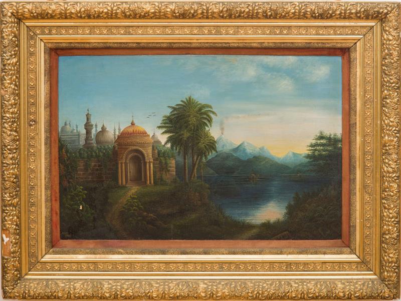 Appraisal: EUROPEAN SCHOOL LANDSCAPE WITH VOLCANO Oil on canvas signed with