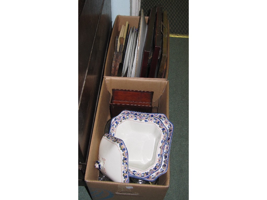 Appraisal: Lot comprising two boxes of pictures pottery dinnerwares and sundries