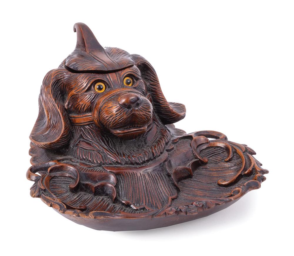 Appraisal: English Carved Walnut Figural Inkwell early th c dog bust