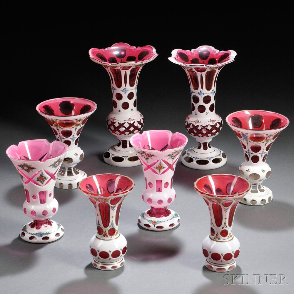 Appraisal: Four Pairs of Bohemian Overlay Glass Vases late th early