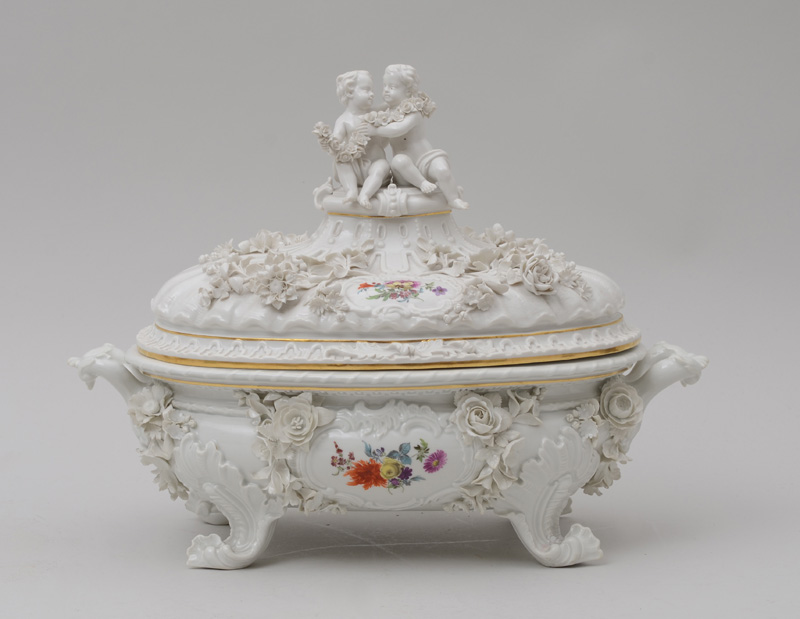 Appraisal: MEISSEN FLORAL-ENCRUSTED PORCELAIN TUREEN AND COVER With underglaze blue crossed