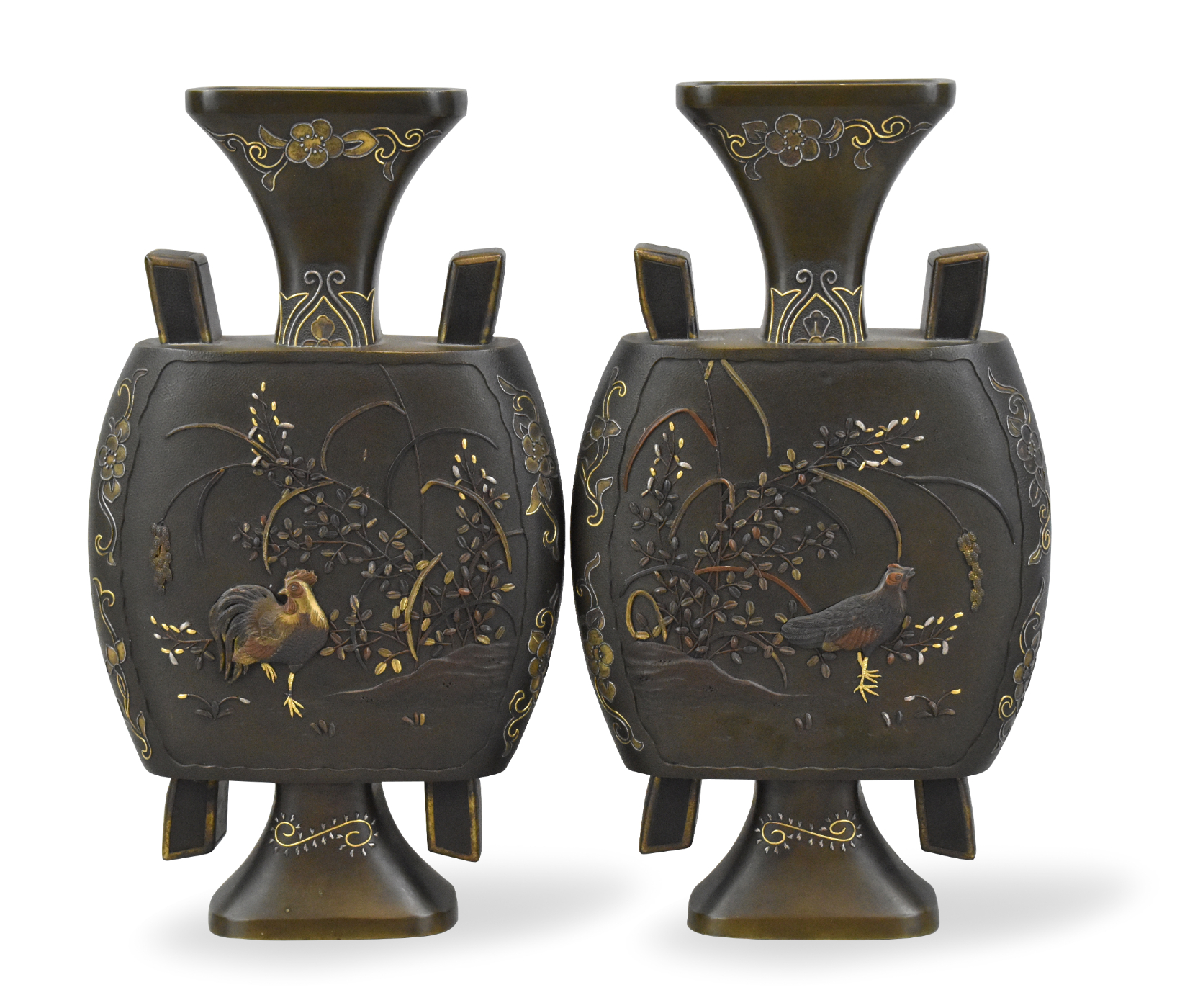 Appraisal: A unique pair of Japanese mixed metal vases with rooster