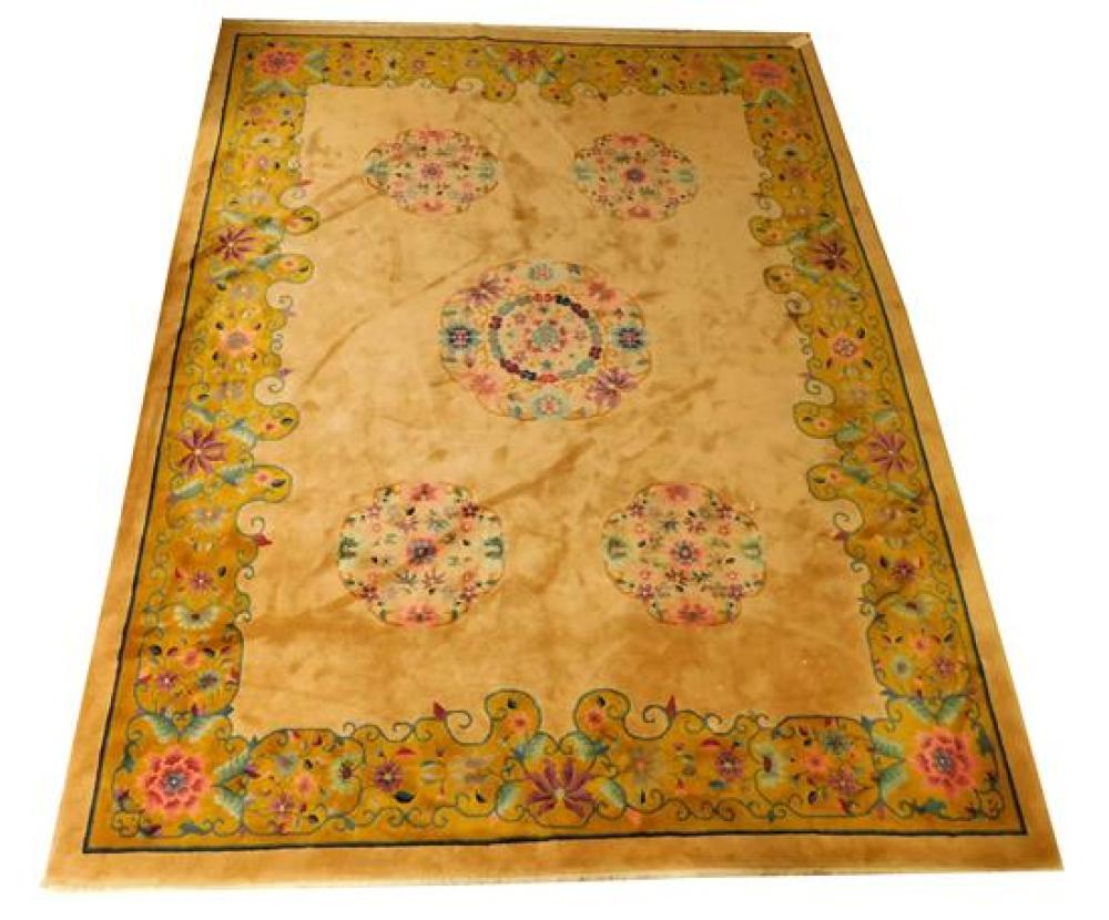 Appraisal: RUG Chinese carpet ' x ' tan with polychrome floral