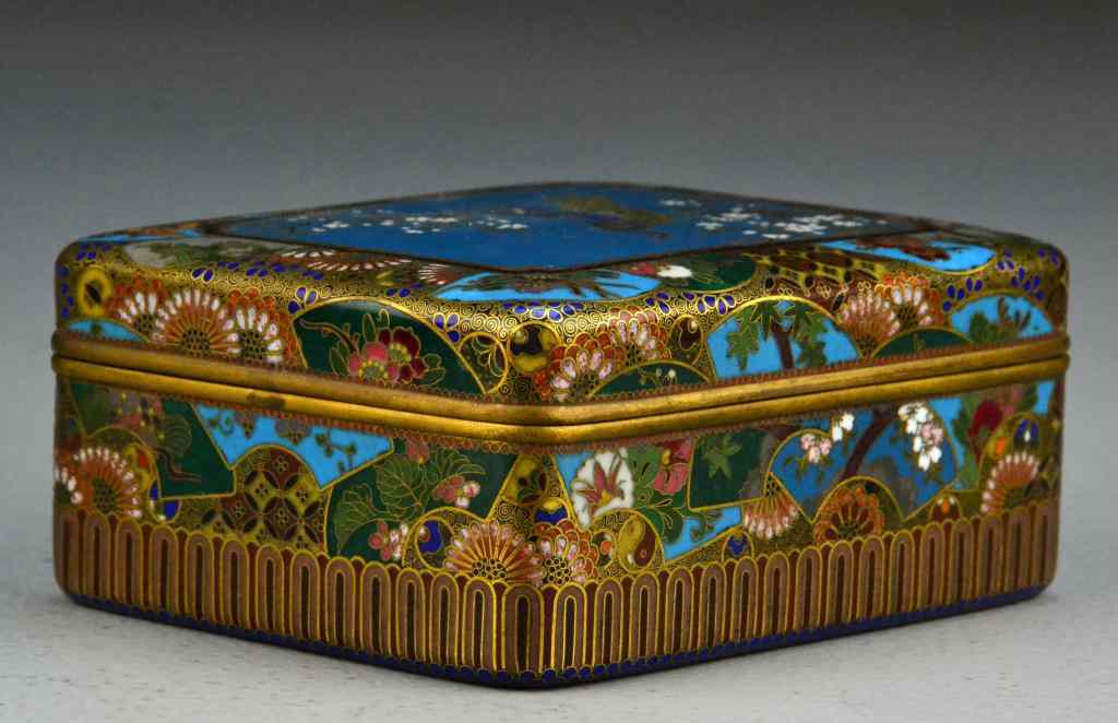 Appraisal: Japanese Cloisonn Gilt Bronze Box- Meiji PeriodExquisitely rendered to depict