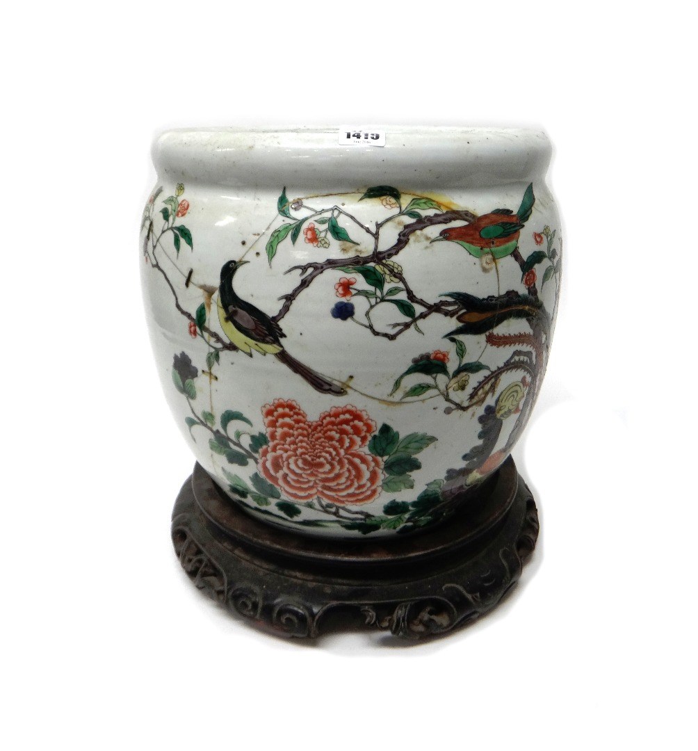 Appraisal: A Chinese famille-verte jardiniere painted with birds in flowering branches