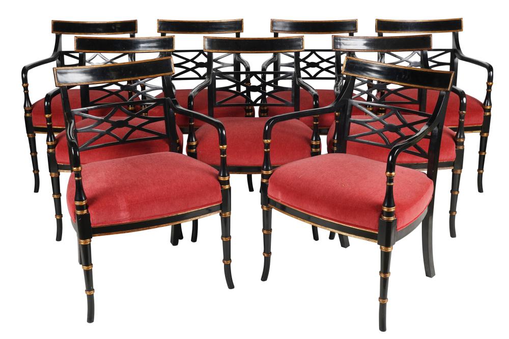 Appraisal: SET OF TEN REGENCY STYLE PAINTED AND GILT ARMCHAIRSparcel gilt