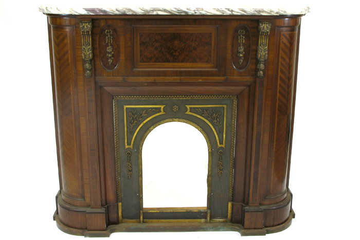 Appraisal: LOUIS XVI STYLE ORMOLU MOUNTED MAHOGANY FIREPLACE FRONT Continental early