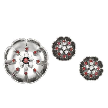 Appraisal: Palladium Diamond and Ruby Flower Clip-Brooch and Pair of Earclips