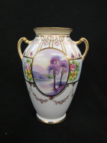 Appraisal: Nippon Handpainted Porcelain Vase floral garland gold trim signed excellent