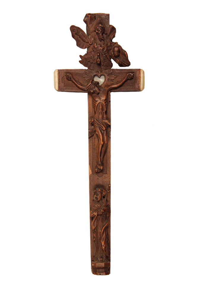 Appraisal: CRUCIFIX RELIQUARY - Italian Carved Wood Crucifix with figure of