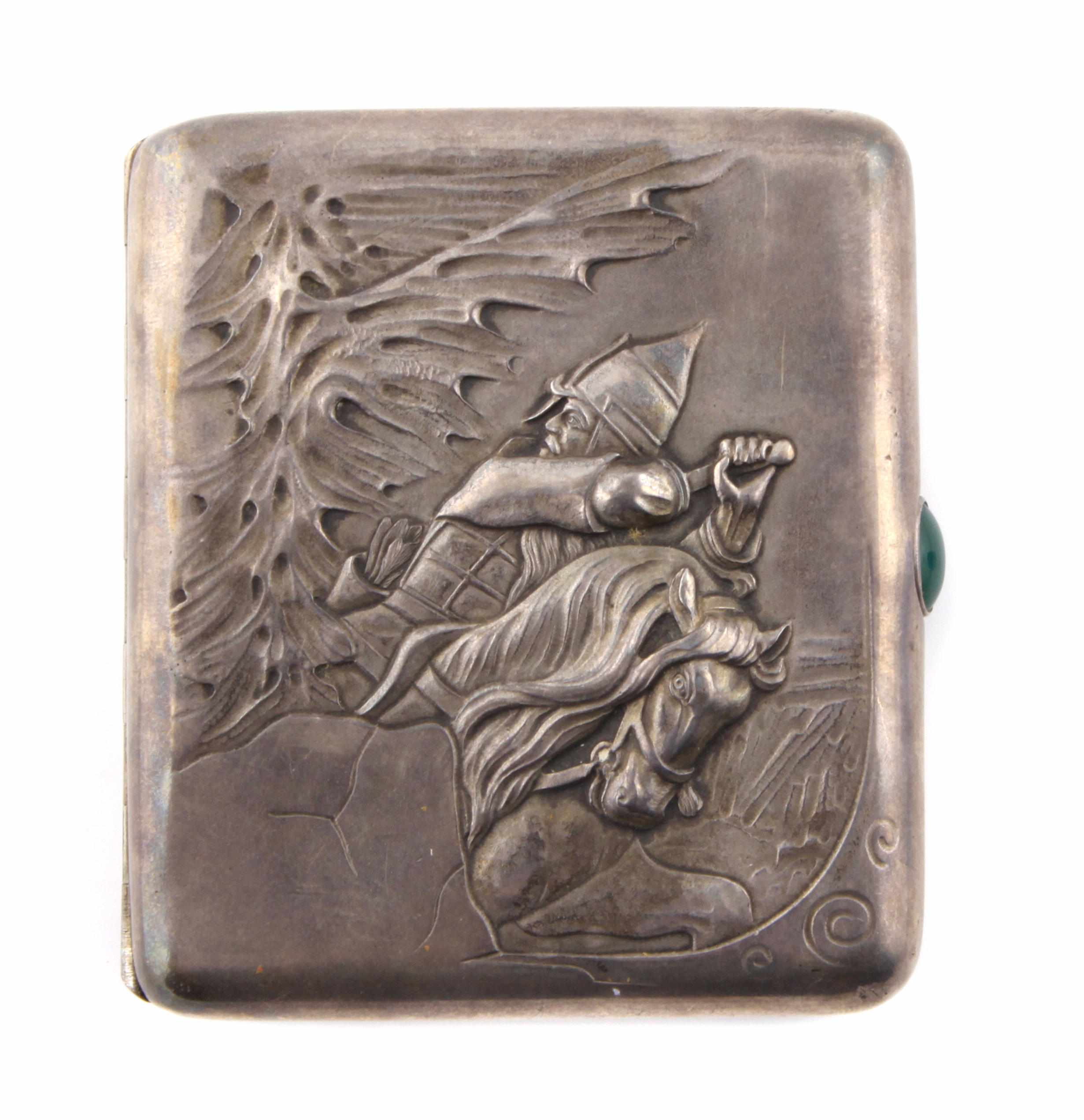 Appraisal: A silver cigarette case Russian depicting a bogatyr figure or