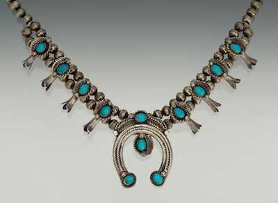 Appraisal: A Silver and Turquoise Child Size Squash Blossom Necklace Signed