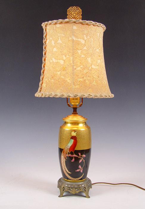 Appraisal: PICKARD PORCELAIN BIRD MOTIF LAMP Classic textured gold shoulders full