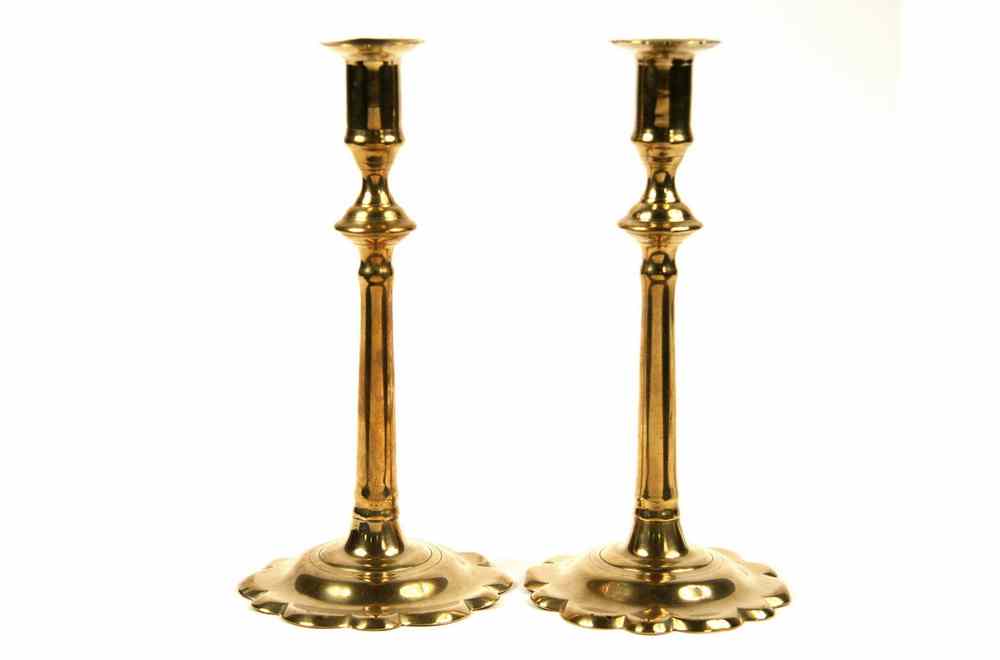 Appraisal: PAIR EARLY BRASS CANDLESTICKS - Pair of Queen Anne Period