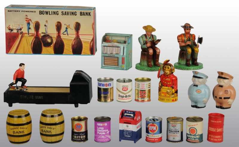 Appraisal: Lot of Tin Litho Savings Bank Toys Description Includes Japanese