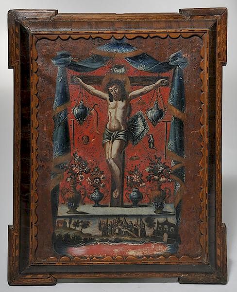 Appraisal: Oil on Canvas Spanish Colonial Crucifixion scene Spanish Colonial Crucifixion