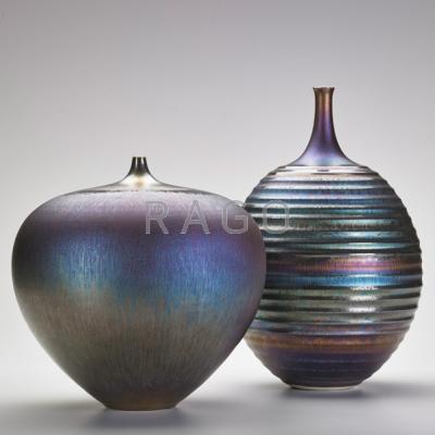 Appraisal: HIDEAKI MIYAMURA b Two large porcelain vases Tenmoku glaze Kensington