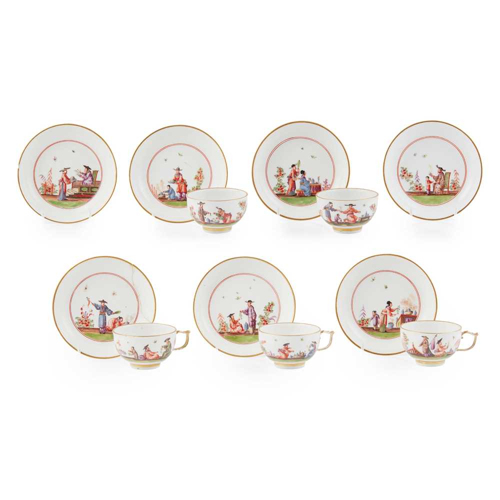 Appraisal: MEISSEN PART TEA SET CIRCA painted with Chinoiserie scenes depicting