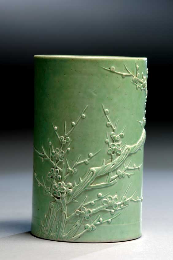 Appraisal: ANTIQUE GLAZED BRUSHPOT Antique Chinese light green glazed monochrome porcelain