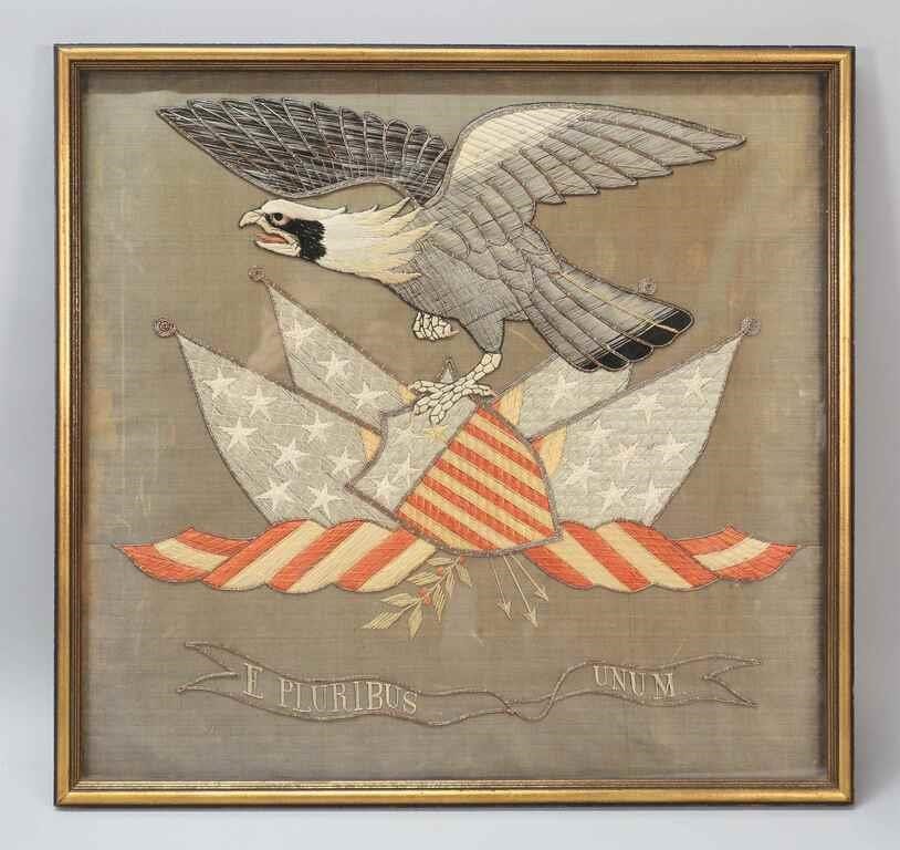 Appraisal: EMBROIDERED SILK PANEL AMERICAN EAGLEEmbroidered silk panel of an American