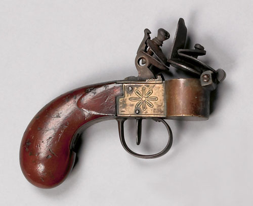 Appraisal: European flintlock powder tester with brass frame and bag grips